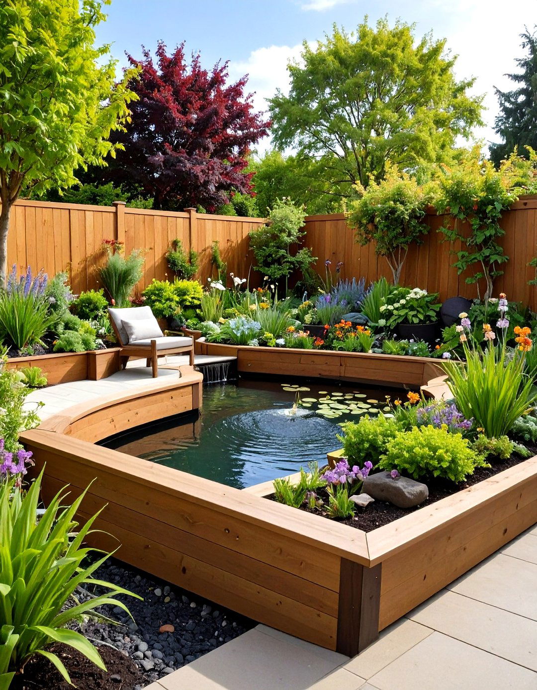 Raised Garden Pond with Integrated Planting Beds and Mixed Landscaping - 20 Raised Garden Pond Ideas
