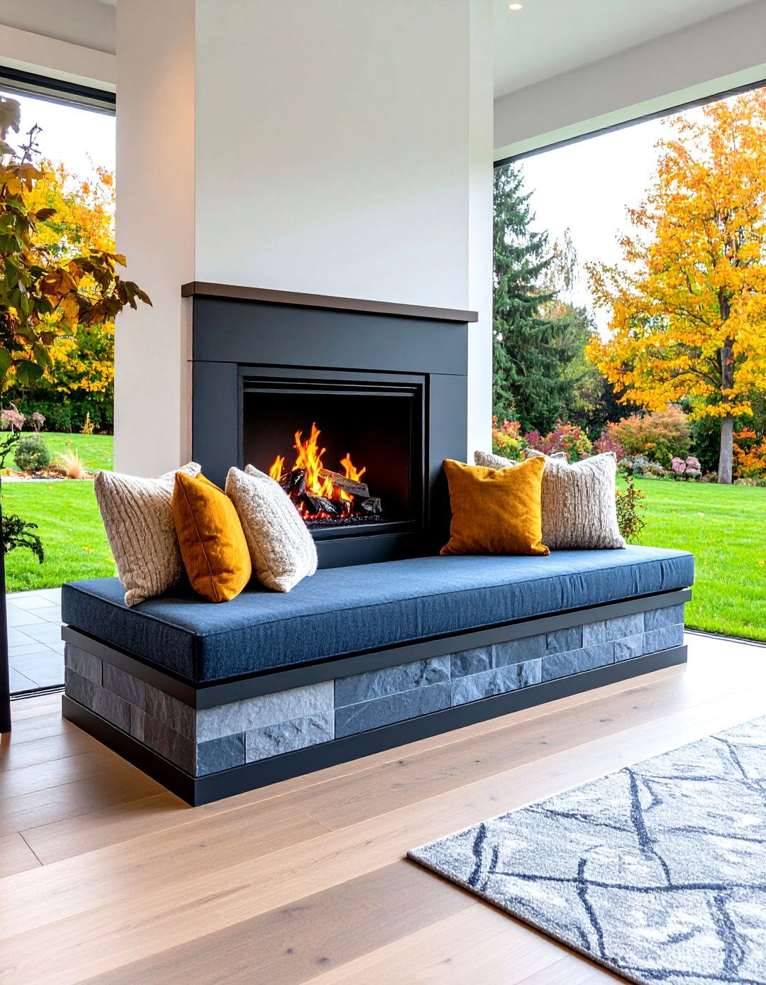 Raised Hearth Bench for Extra Seating - 20 Fireplace Hearth Ideas