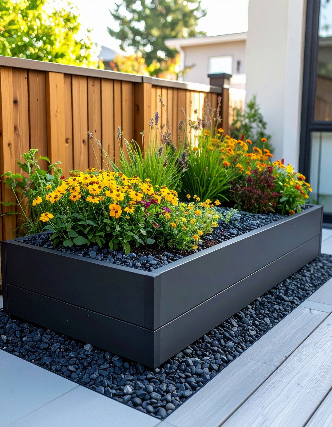Raised Planter Top Dress in Black River Rock - 20 Black River Rock Landscaping Ideas