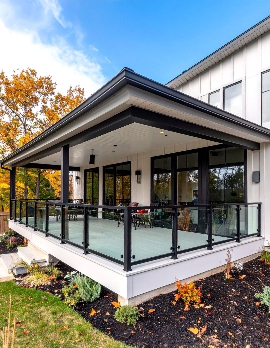 Raised Ranch Front Porch with Glass Panel Railings - 20 Raised Ranch Front Porch Ideas