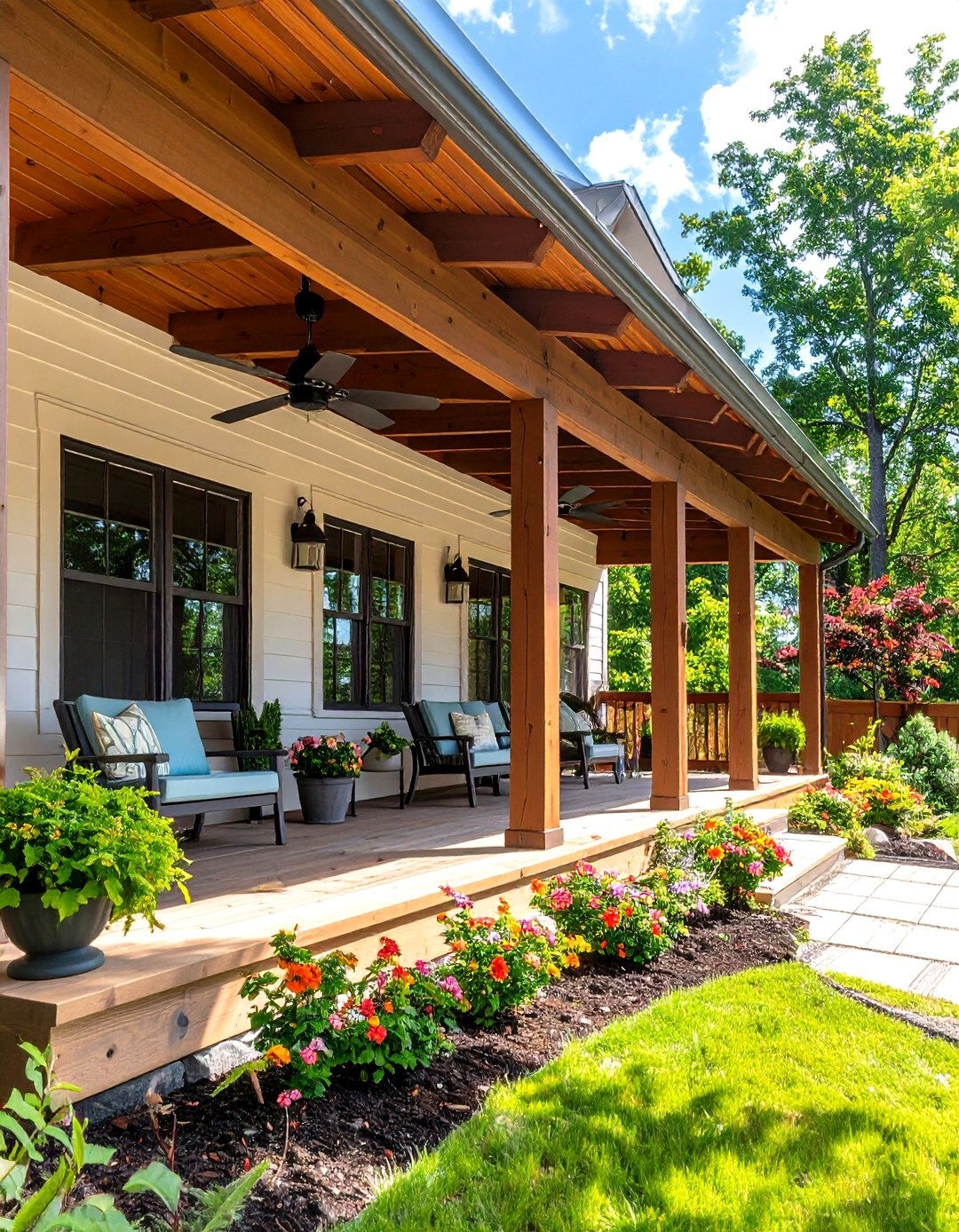 Raised Ranch Front Porch with Outdoor Ceiling Fans - 20 Raised Ranch Front Porch Ideas
