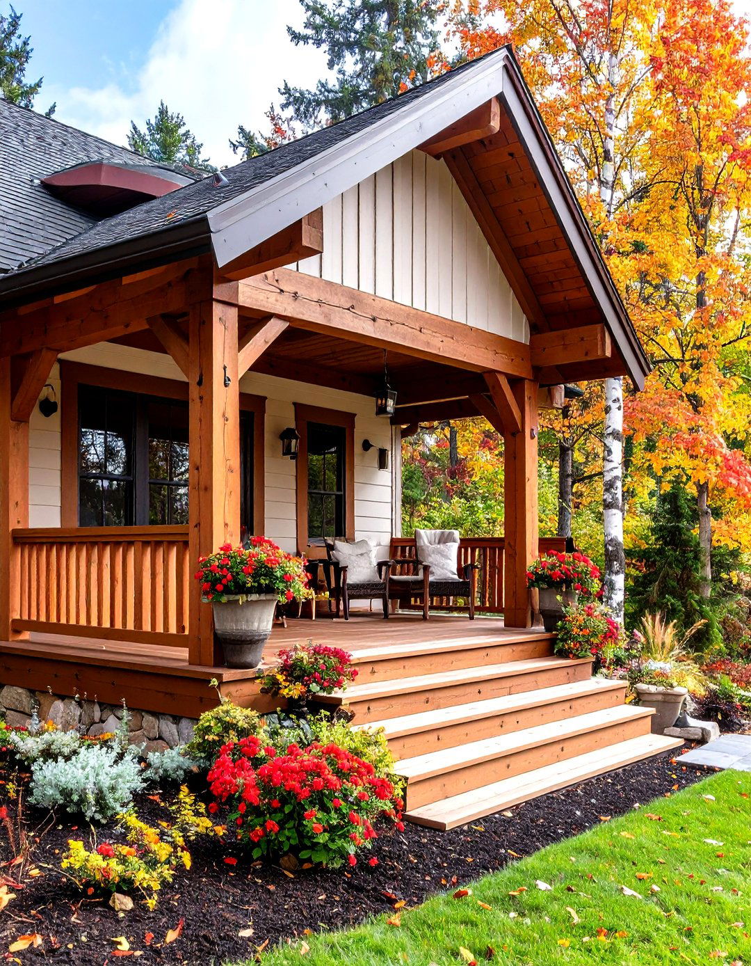 Raised Ranch Front Porch with Rustic Timber Framing - 20 Raised Ranch Front Porch Ideas
