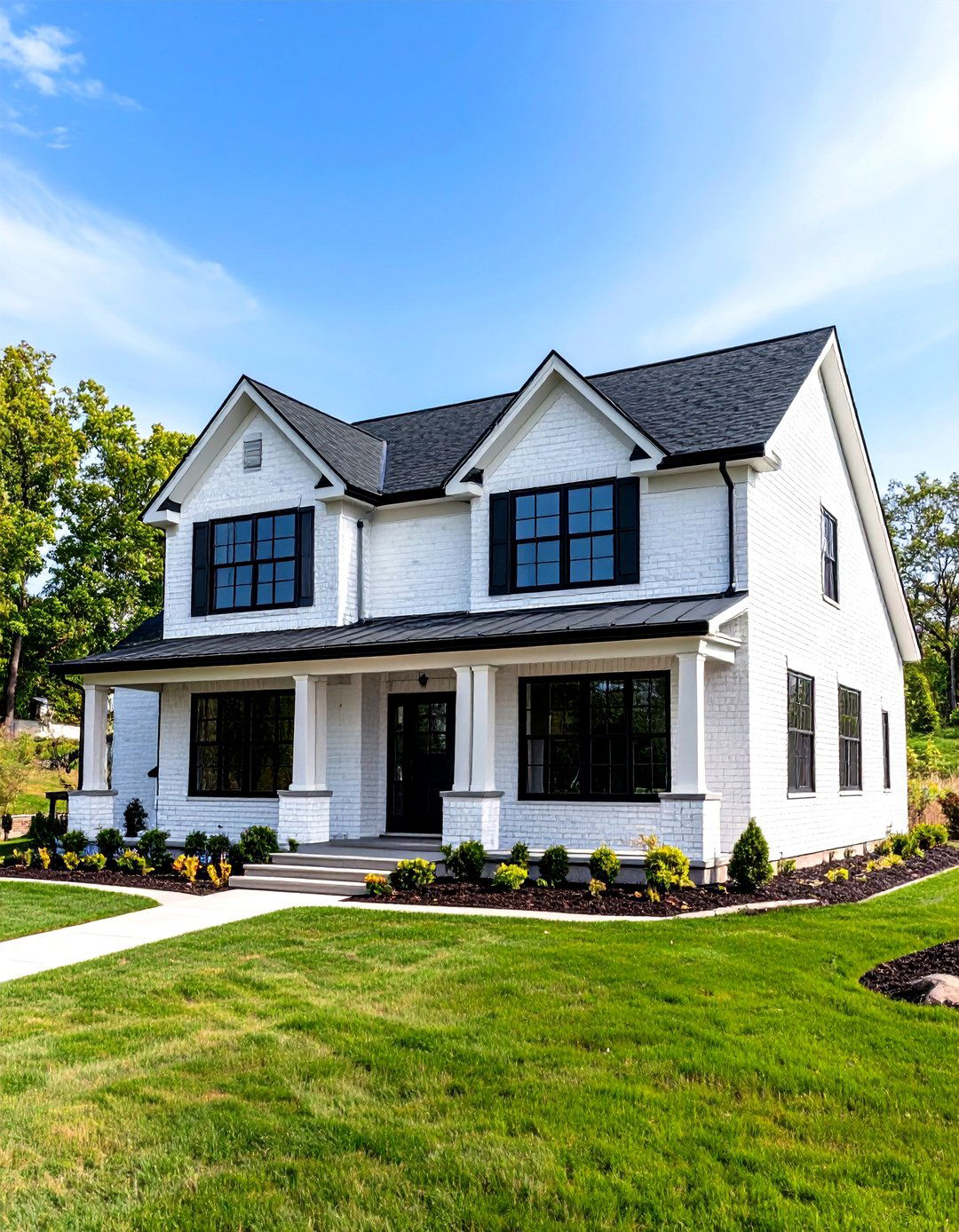 Ranch Style White Brick House With Black Trim and Horizontal Lines - 20 White Brick House With Black Trim