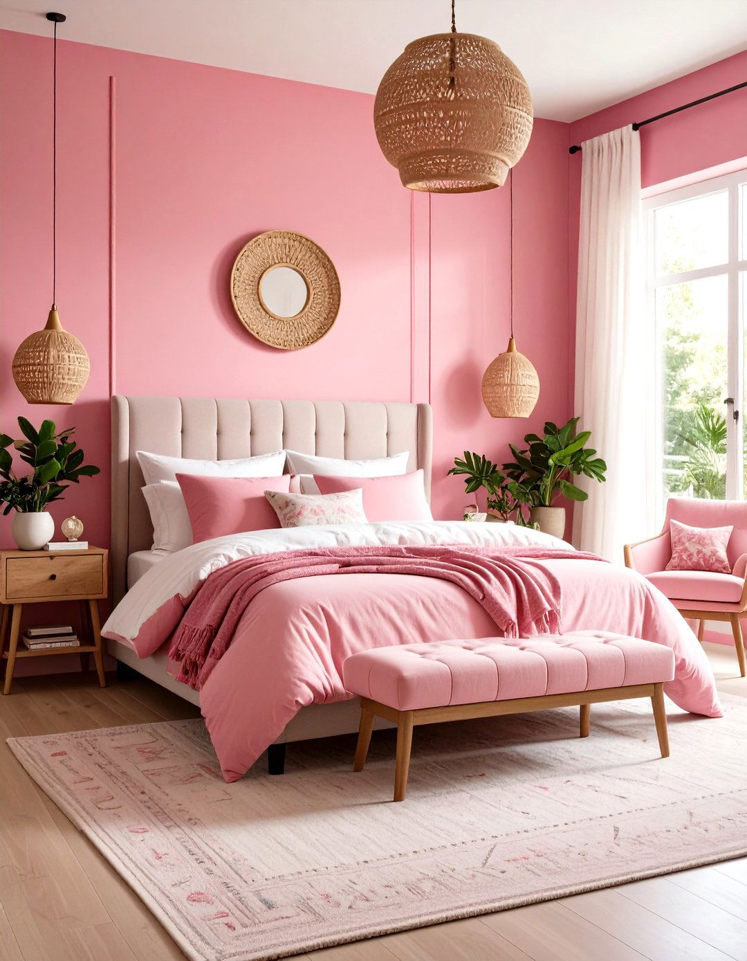 Raspberry Pink Boho Bedroom with Maximalist Pattern Mixing - 20 Pink Boho Bedroom Ideas