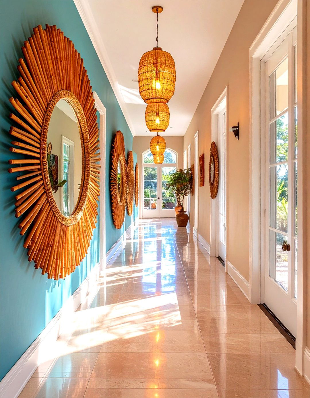 Rattan Framed Statement Mirror - 20 Boho Hallway Ideas