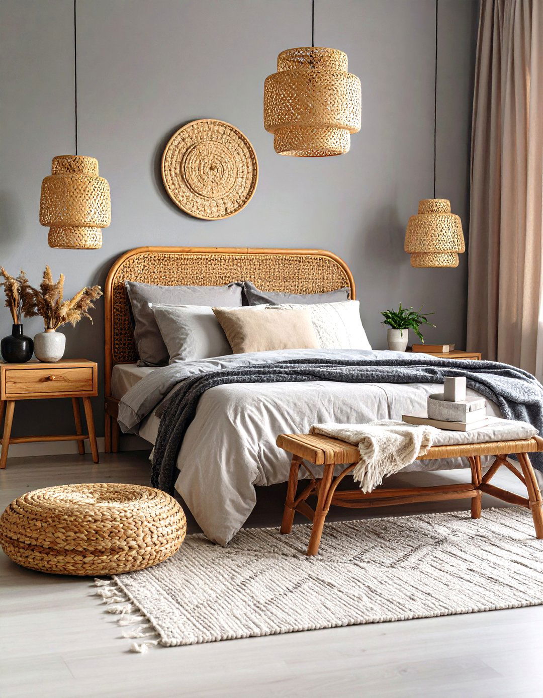 Rattan Furniture Grounds the Grey Boho Bedroom - 20 Grey Boho Bedroom Ideas