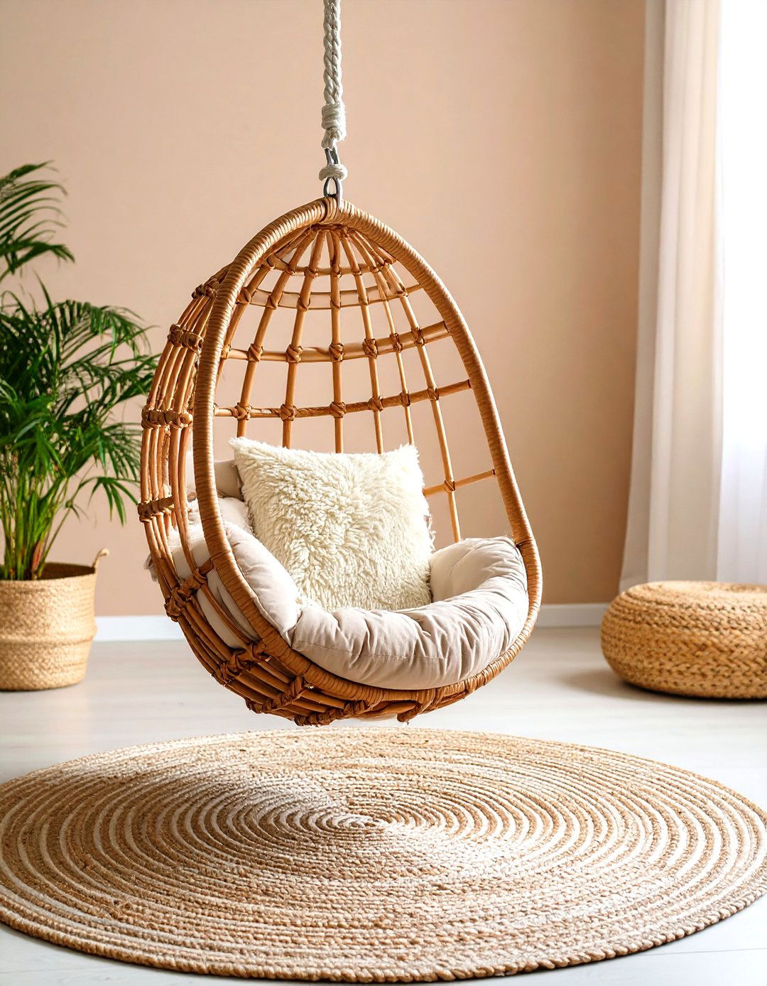 Rattan Swing Chair in the Corner - 20 Boho Toddler Room Ideas