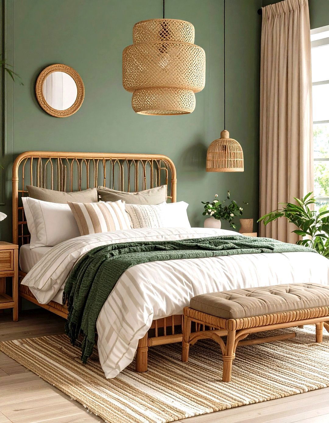 Rattan and Dark Green Coastal Calm - 20 Dark Green Bedroom Ideas