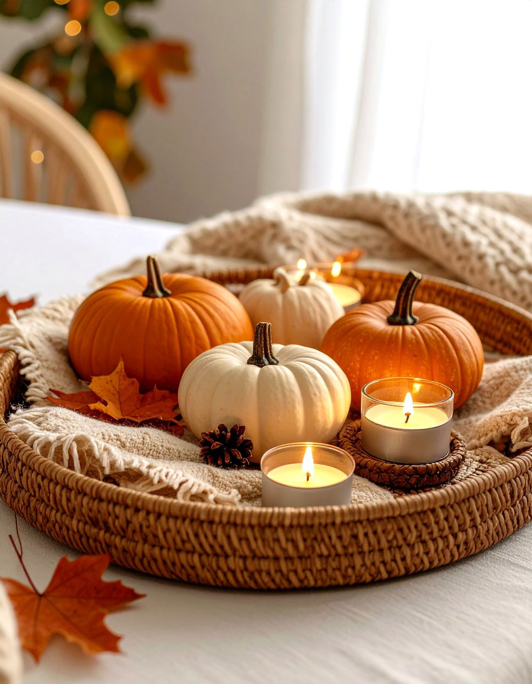 Rattan and Linen Friendsgiving Runner - 20 Friendsgiving Decor Ideas