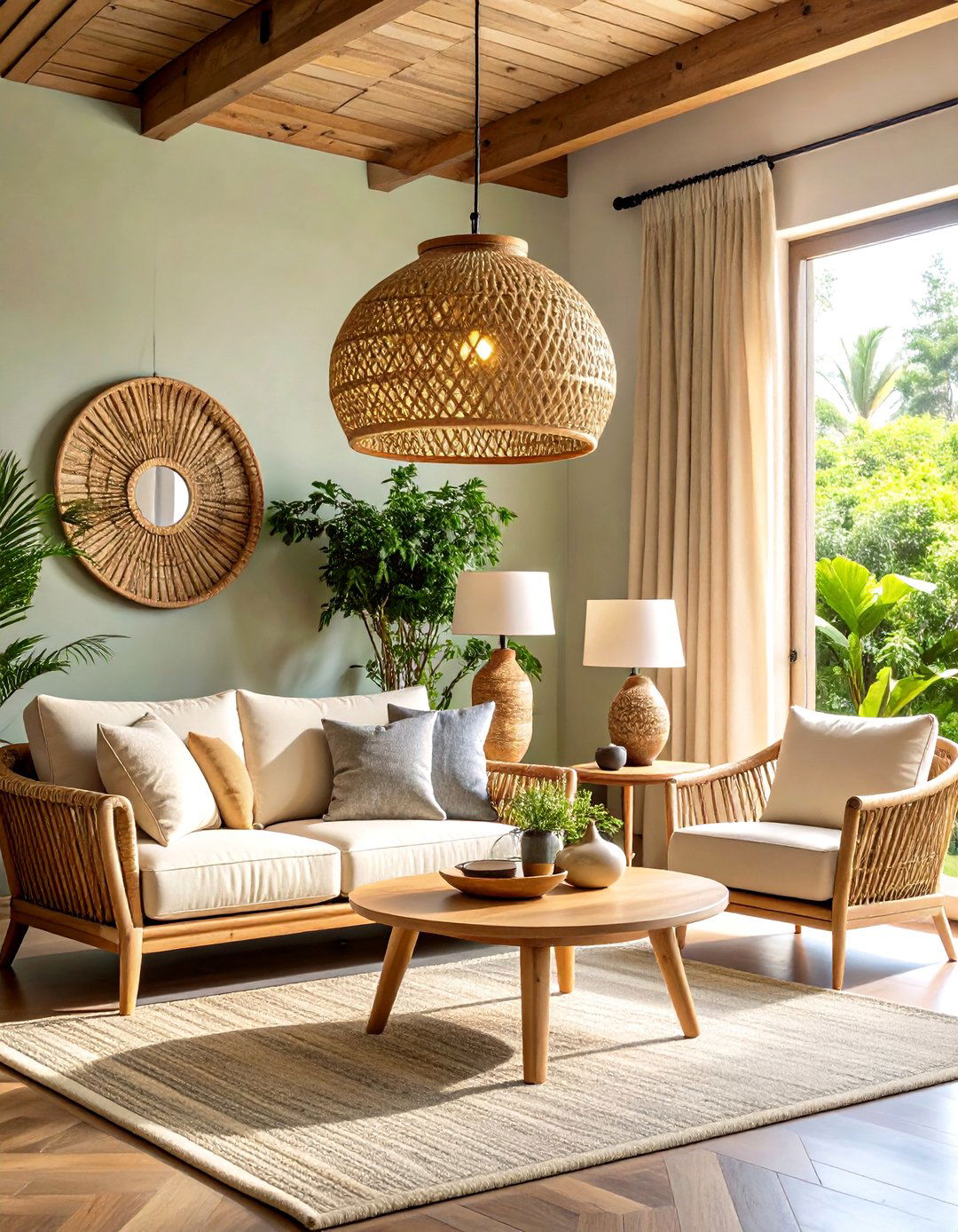 Rattan or Bamboo Light Fixtures as Natural Statement - 20 Earthy Living Room Decor Ideas