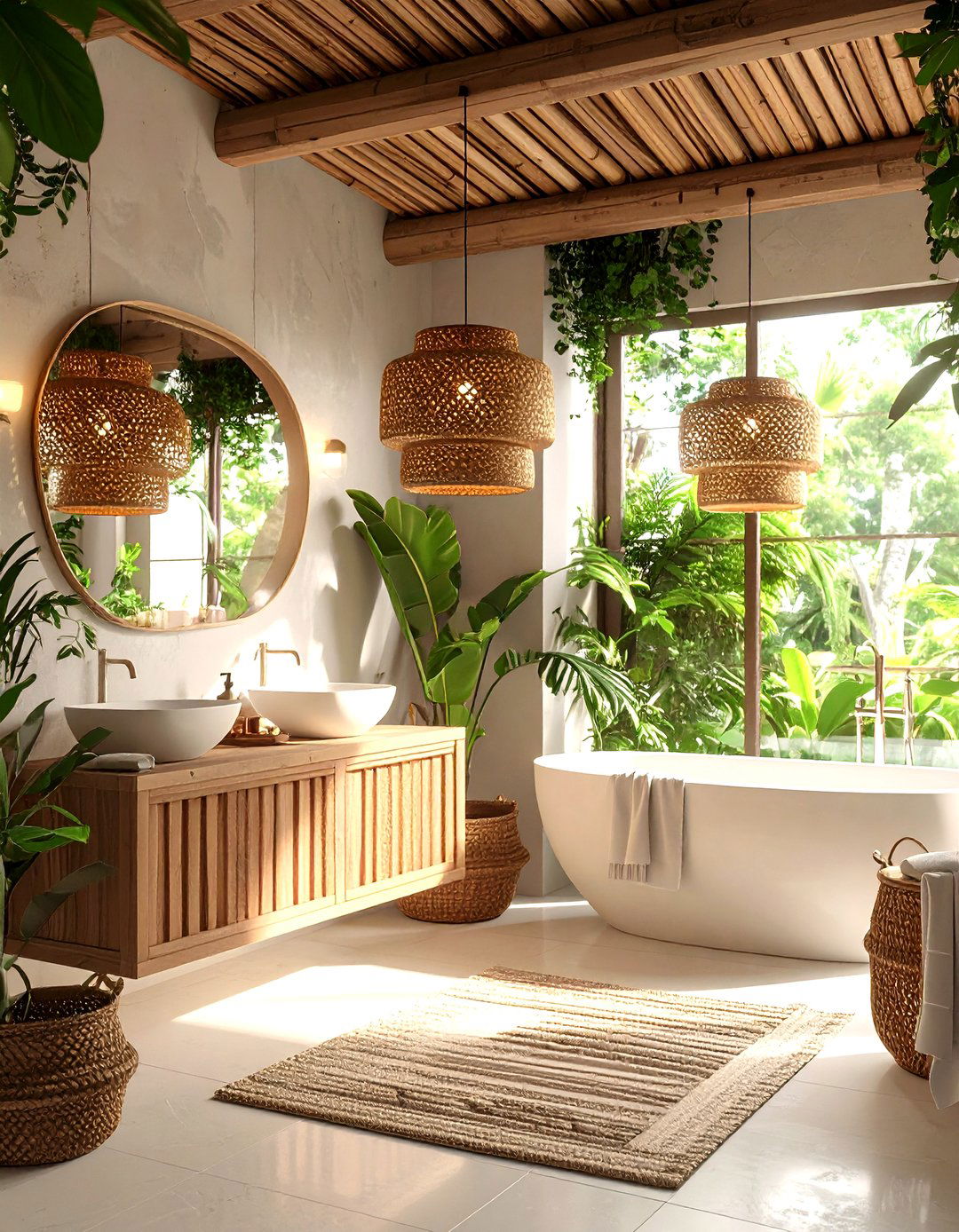 Rattan or Bamboo Pendants Cast Warm Glow in the Bathroom - 20 Earthy Bathroom Ideas
