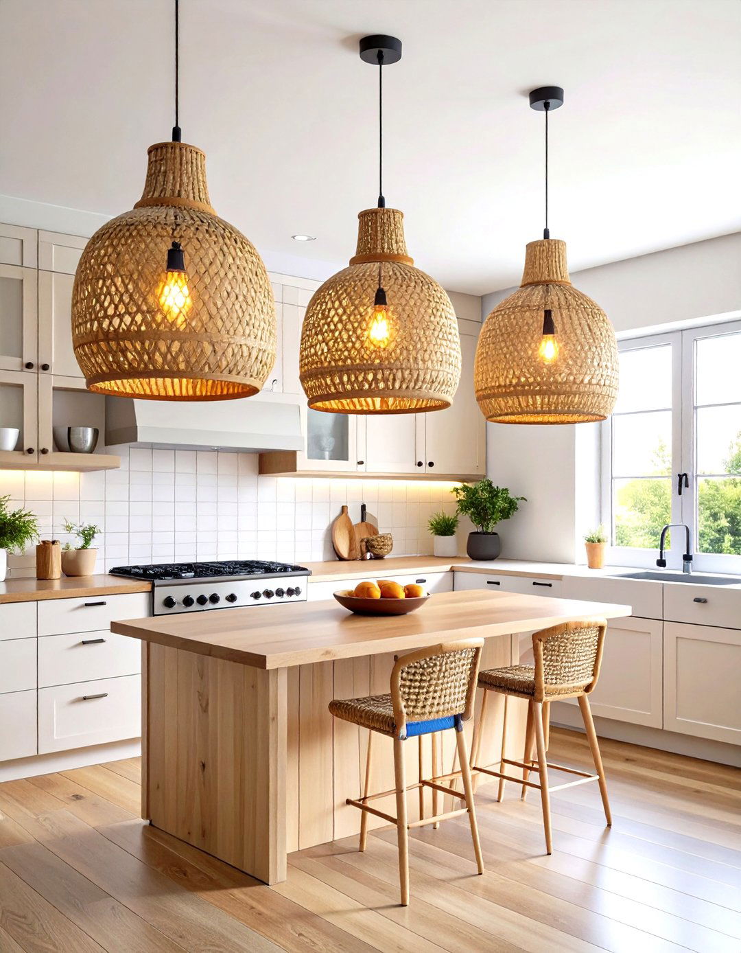 Rattan or Woven Fiber Pendants for Earthy Glow - 20 Boho Kitchen Ideas
