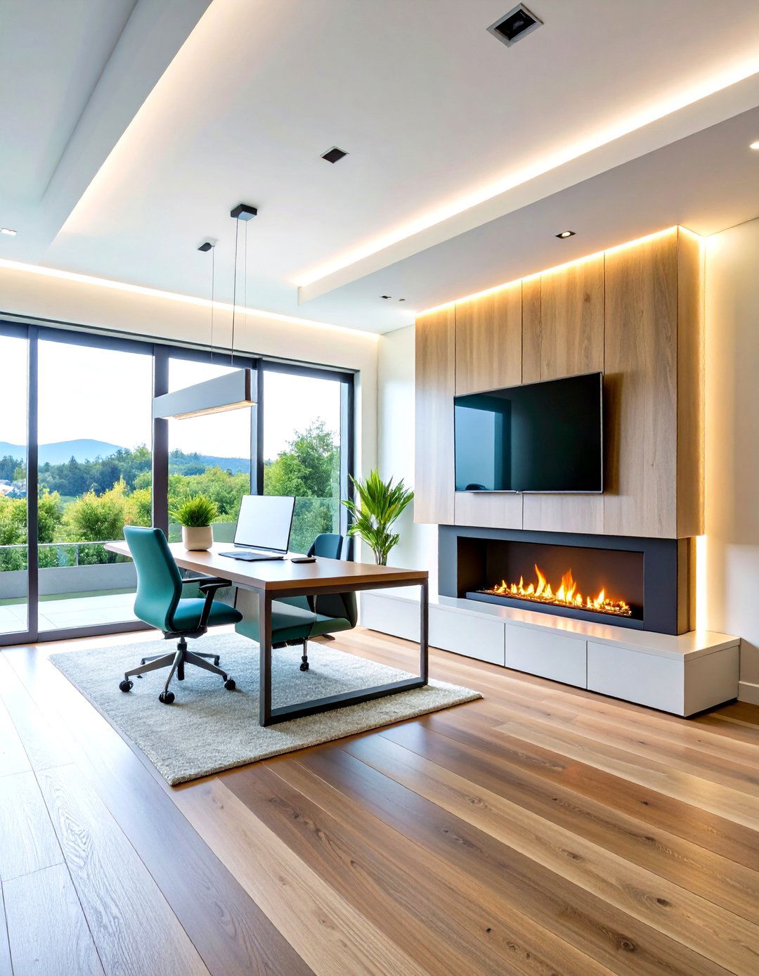 Recessed Electric Fireplace Under Office TV Desk - 20 Home Office With Fireplace Ideas