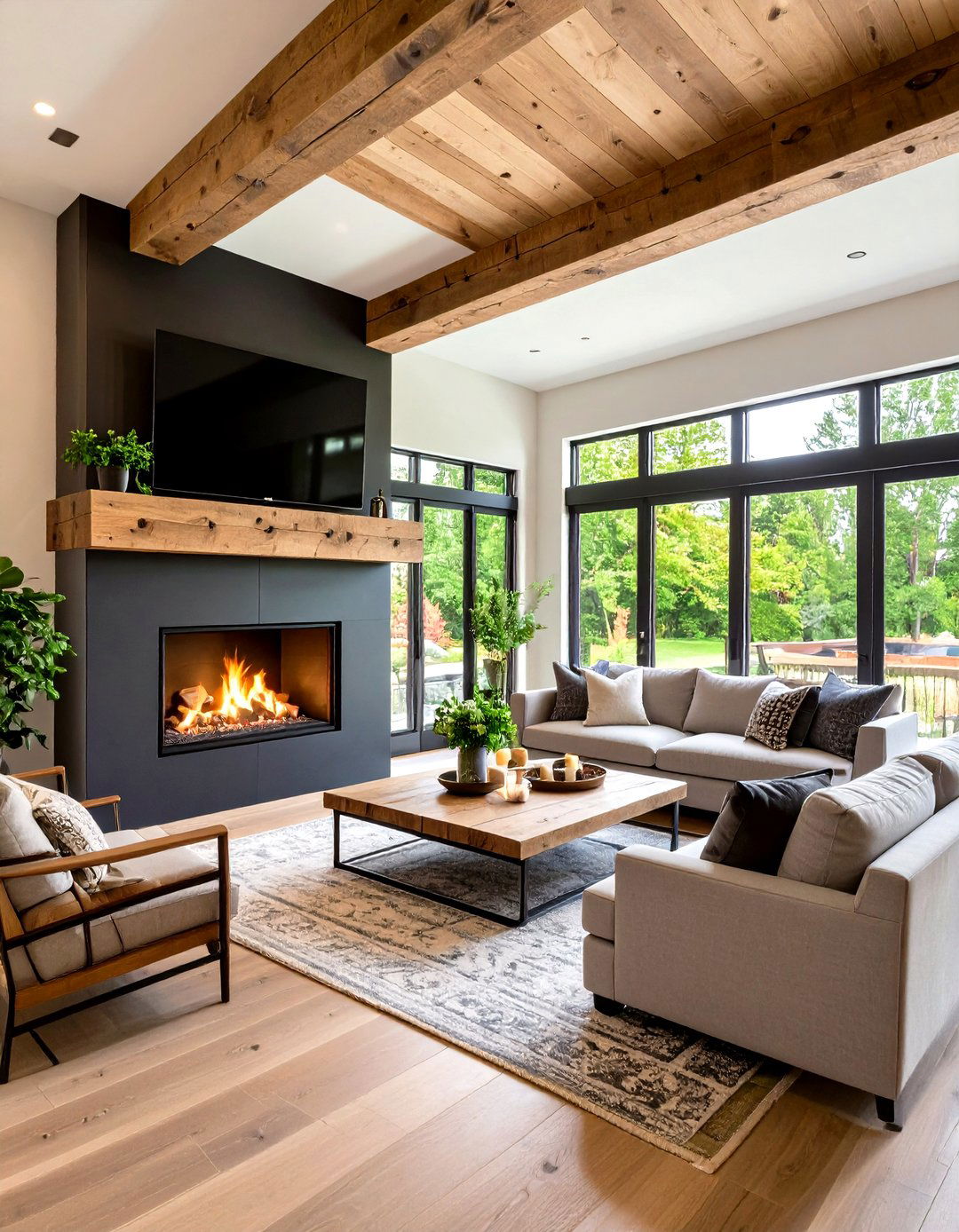 Reclaimed Beam Mantel Over Electric Fireplace - 20 Electric Fireplace Ideas With Tv Above