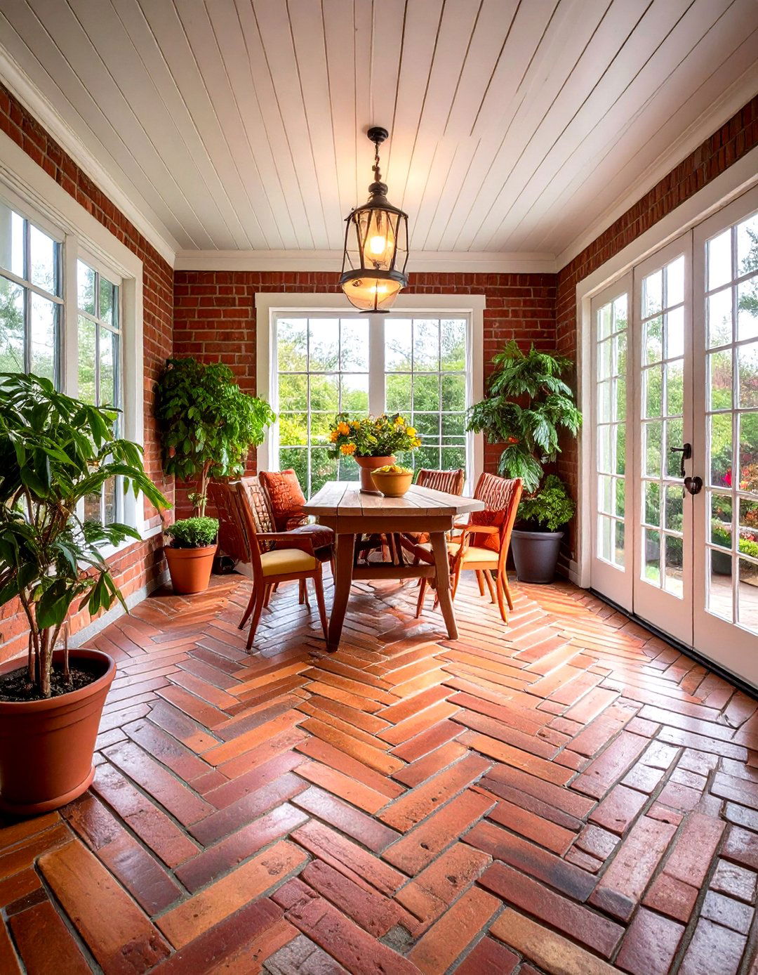 Reclaimed Brick Flooring Adds Texture Underfoot - 20 Farmhouse Sunroom Ideas