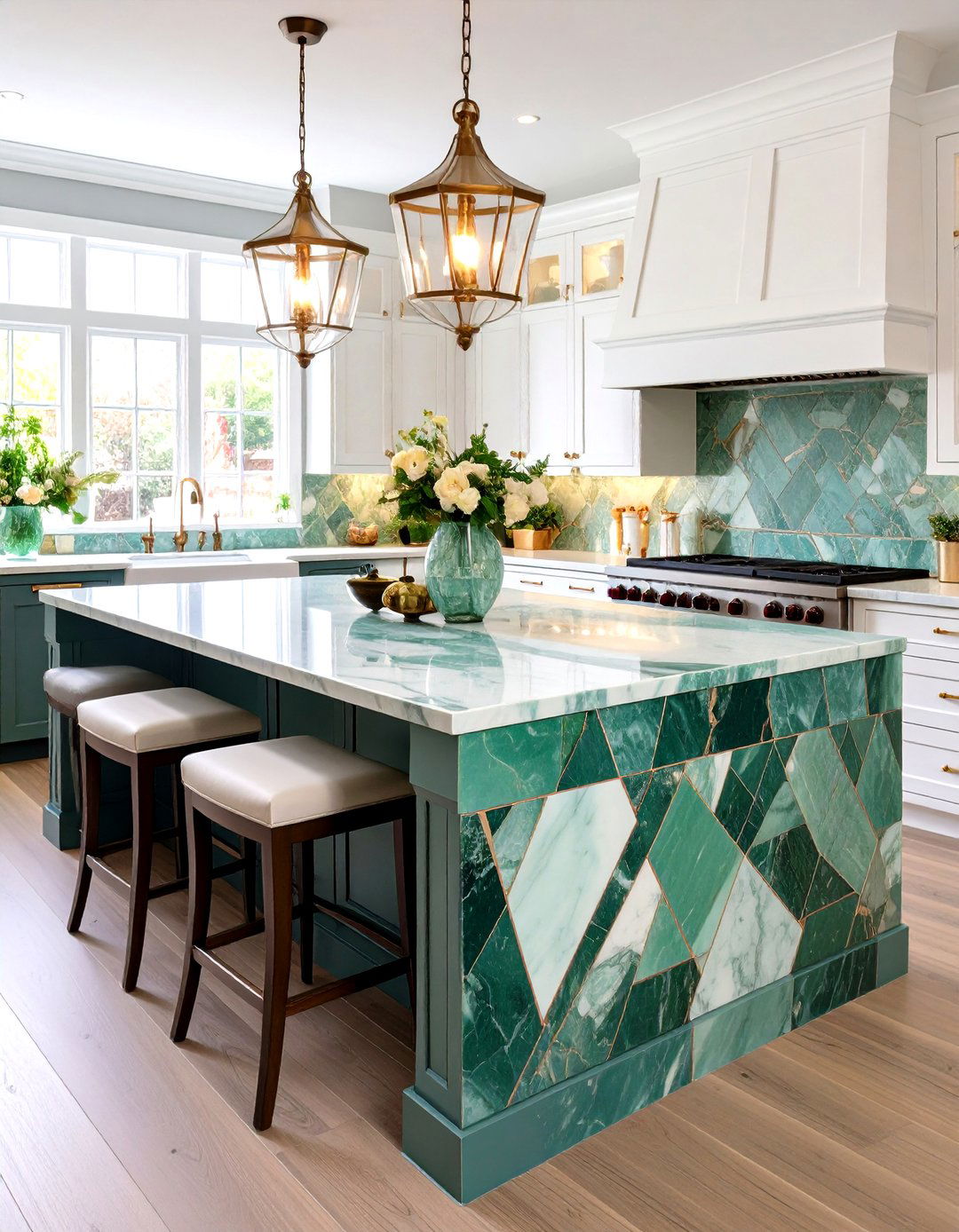 Reclaimed Slab Mosaic Inlay Accent - 20 Green Marble Countertop Design Ideas