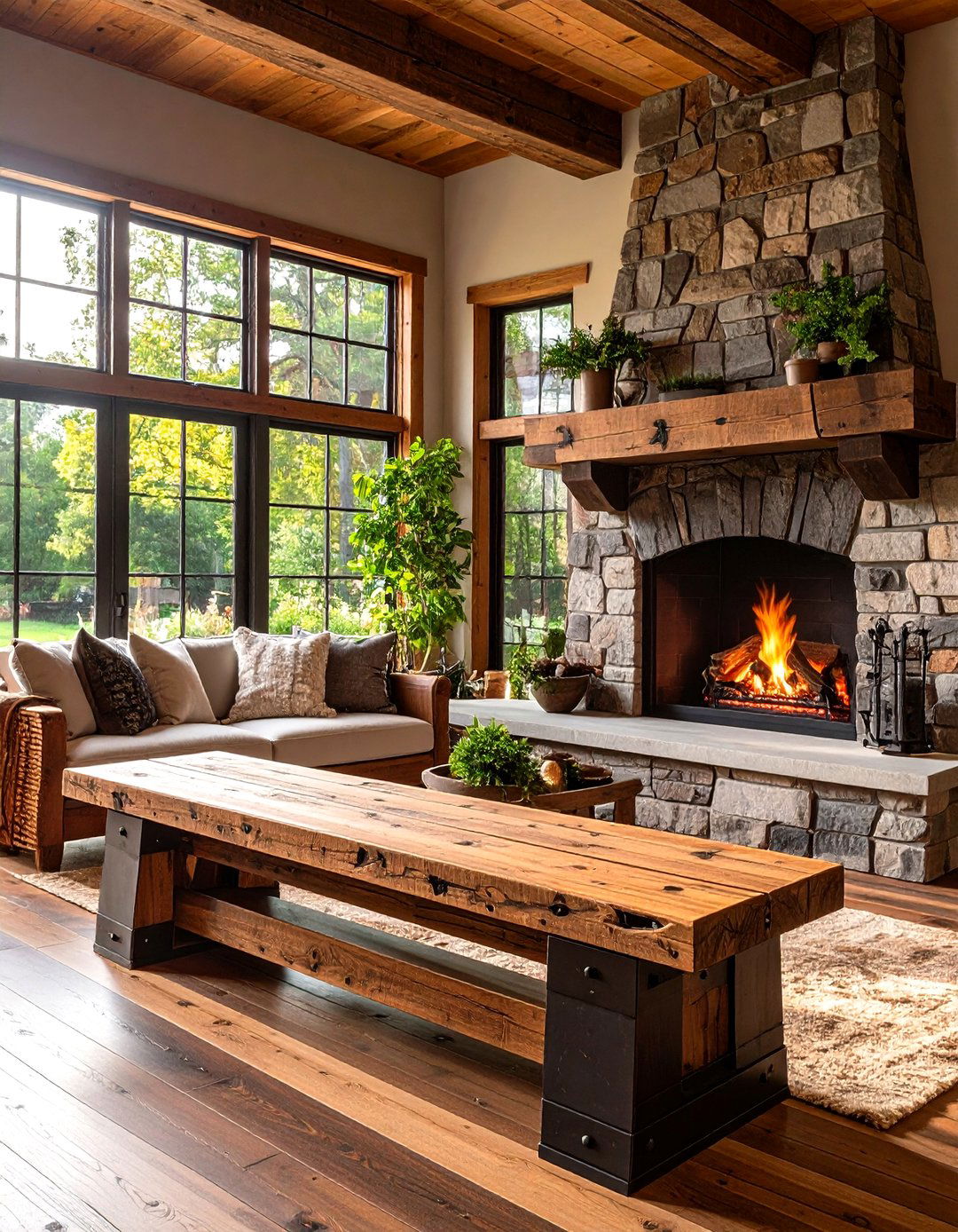 Reclaimed Timber Fireplace Bench on Metal Brackets - 20 Fireplace Bench Ideas