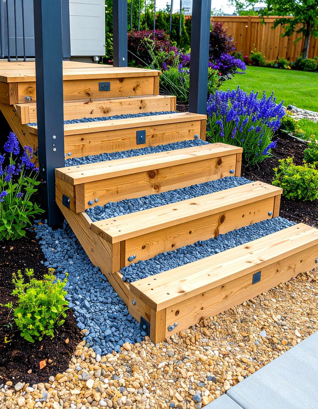 Reclaimed Timber and Gravel Front Steps - 20 Front Step Ideas