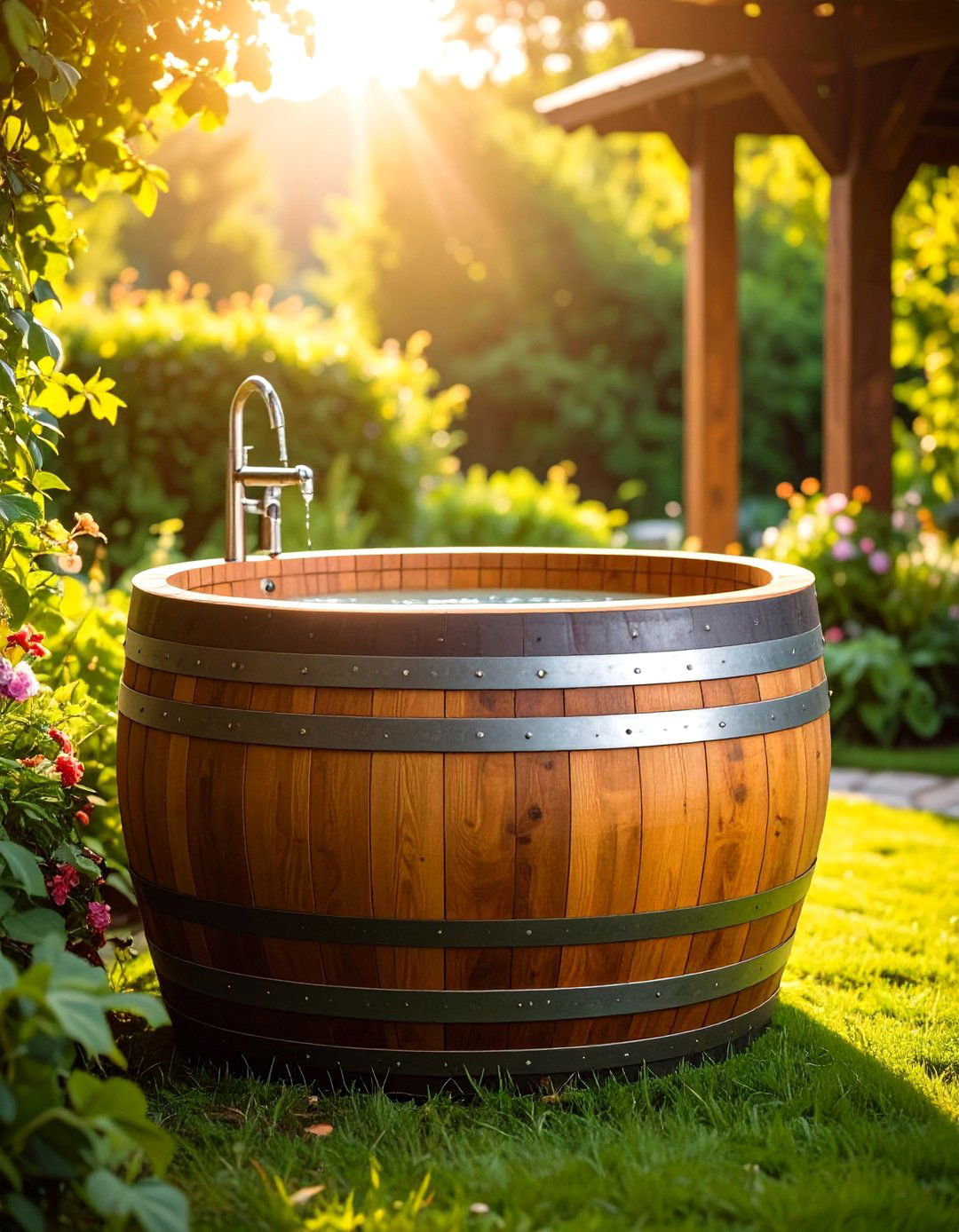 Reclaimed Wine Barrel Outdoor Bathtub for Rustic Charm - 20 Outdoor Bathtub Ideas