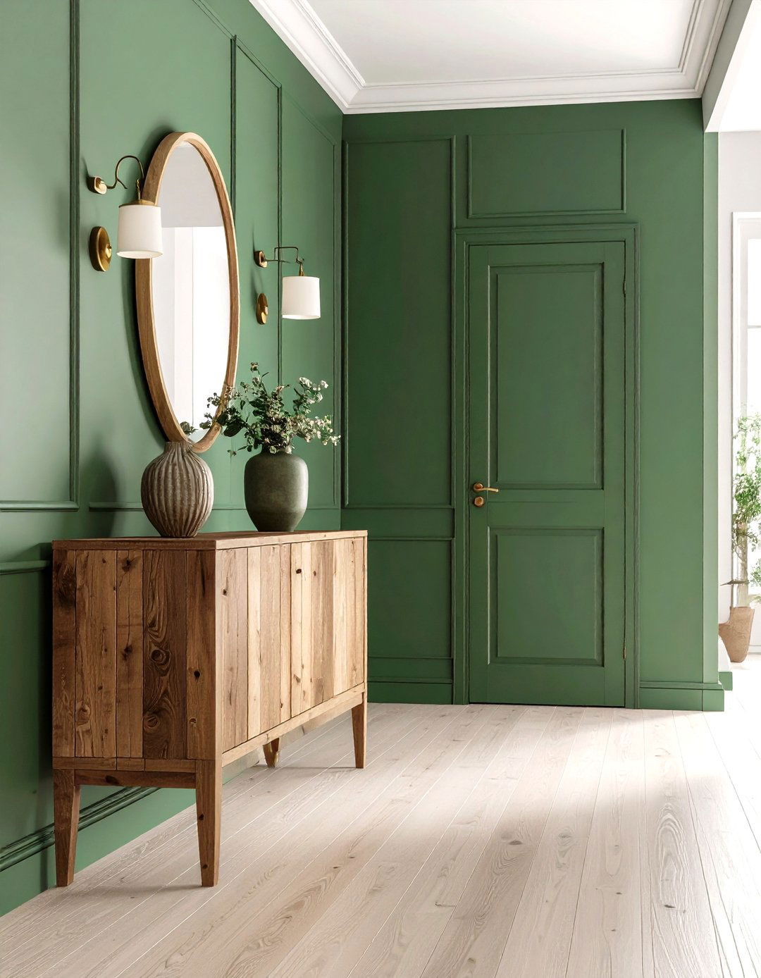 Reclaimed Wood Console in Green Hallway - 20 Green Hallway Ideas