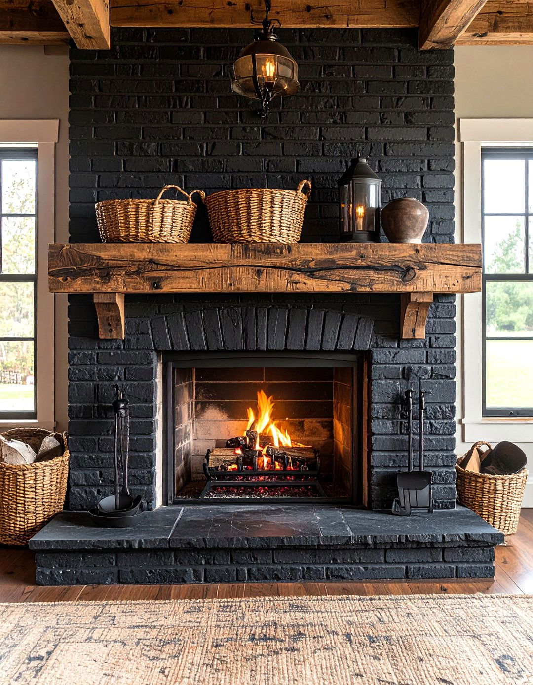 Reclaimed Wood Farmhouse Black Brick Fireplace - 20 Black Brick Fireplace Ideas