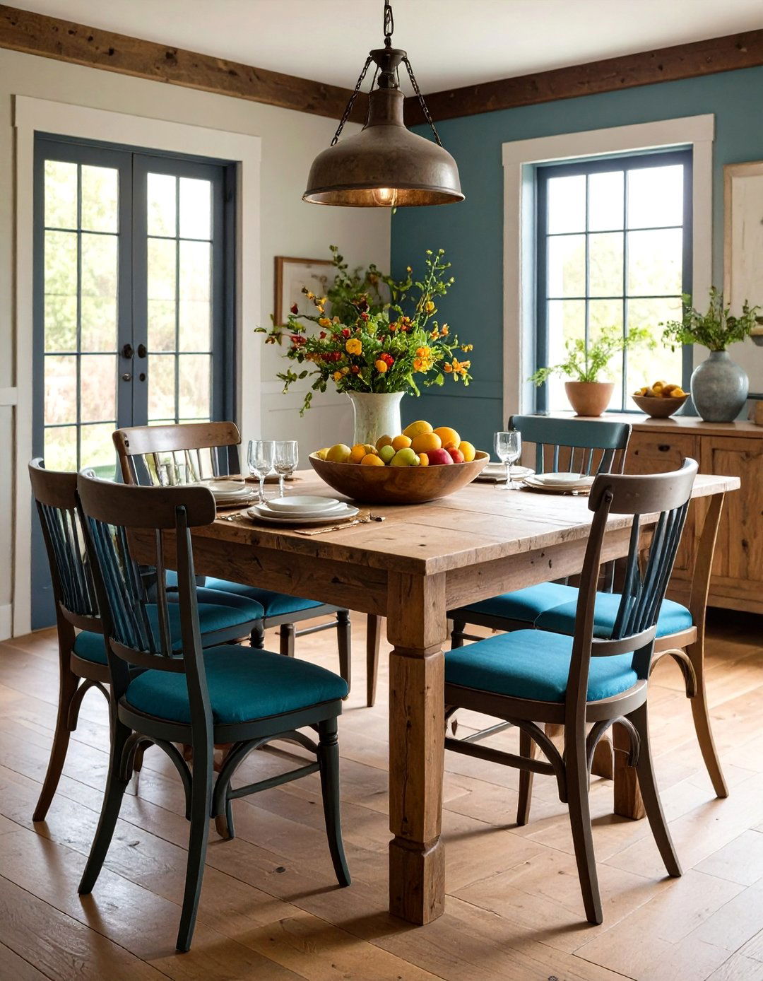 Reclaimed Wood Farmhouse Table Anchors the Dining Room - 20 French Country Dining Room Ideas