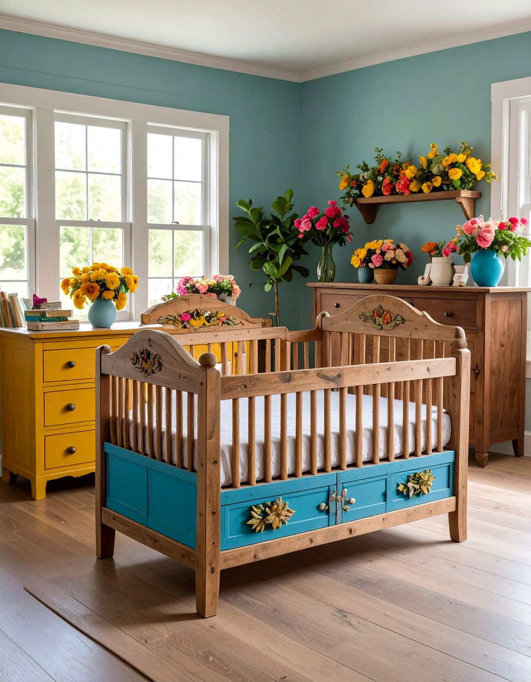Reclaimed Wood Furniture with Carved Florals - 20 Floral Nursery Ideas