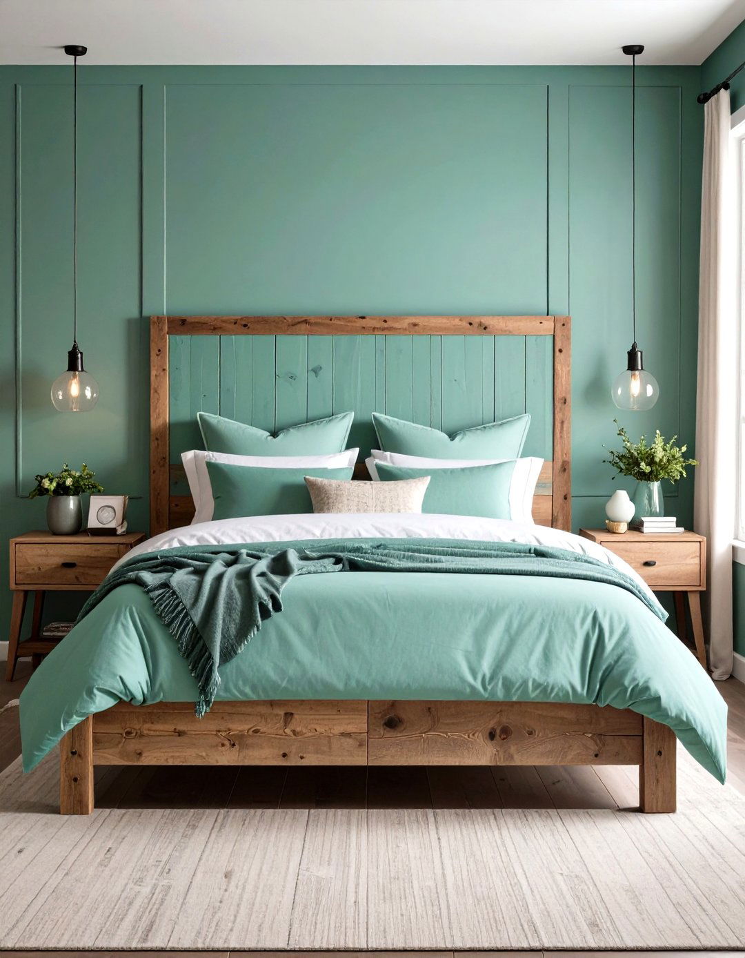 Reclaimed Wood Headboard Washed in Mint - 20 Green Boho Bedroom Ideas