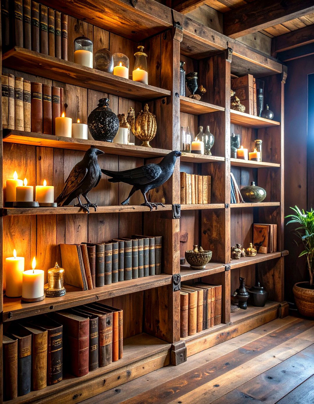 Reclaimed Wood Shelves Showcase Oddities and Books - 20 Gothic Boho Decor Ideas