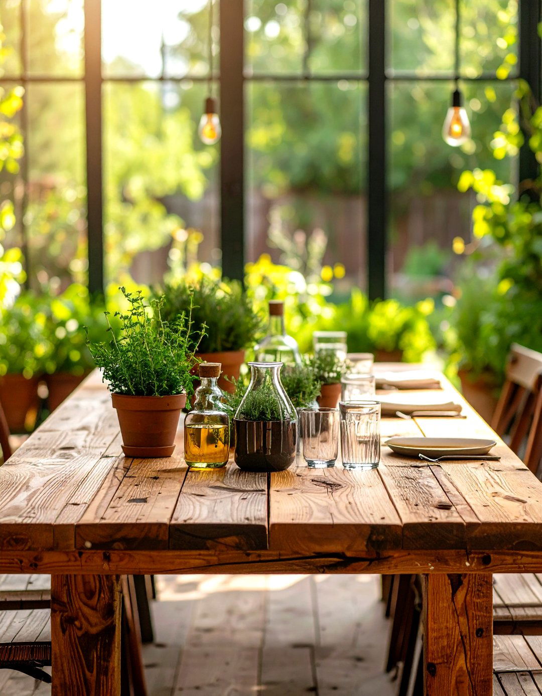 Reclaimed Wood Table for Greenhouse Dining - 20 Greenhouse Dining Room Ideas