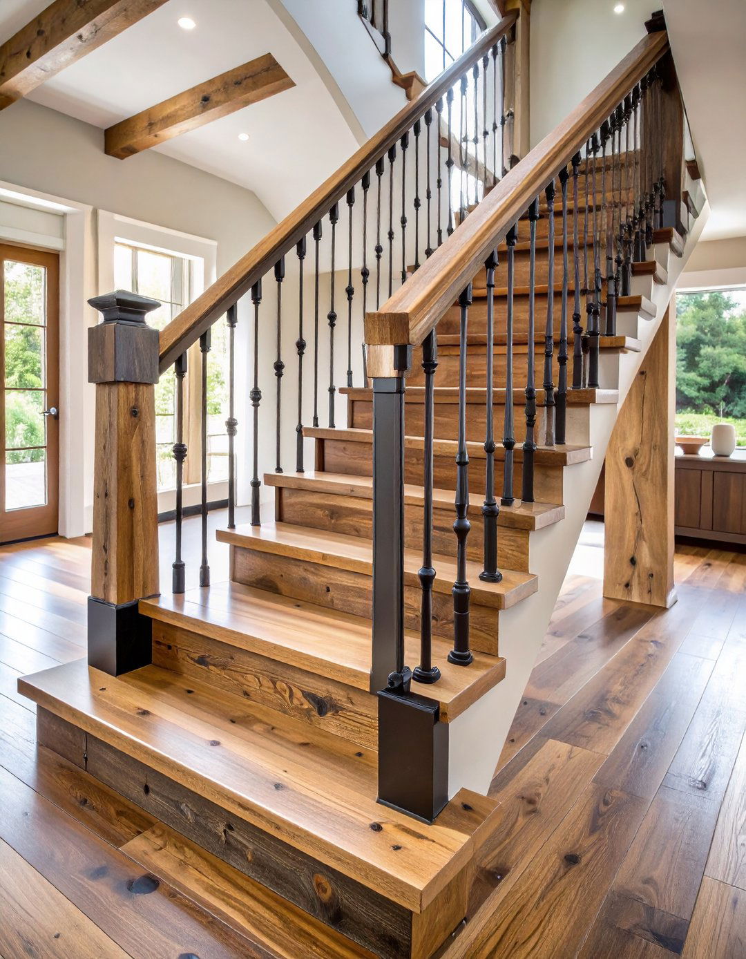 Reclaimed Wood and Wrought Iron Contrast - 20 Farmhouse Rustic Stair Railing Ideas