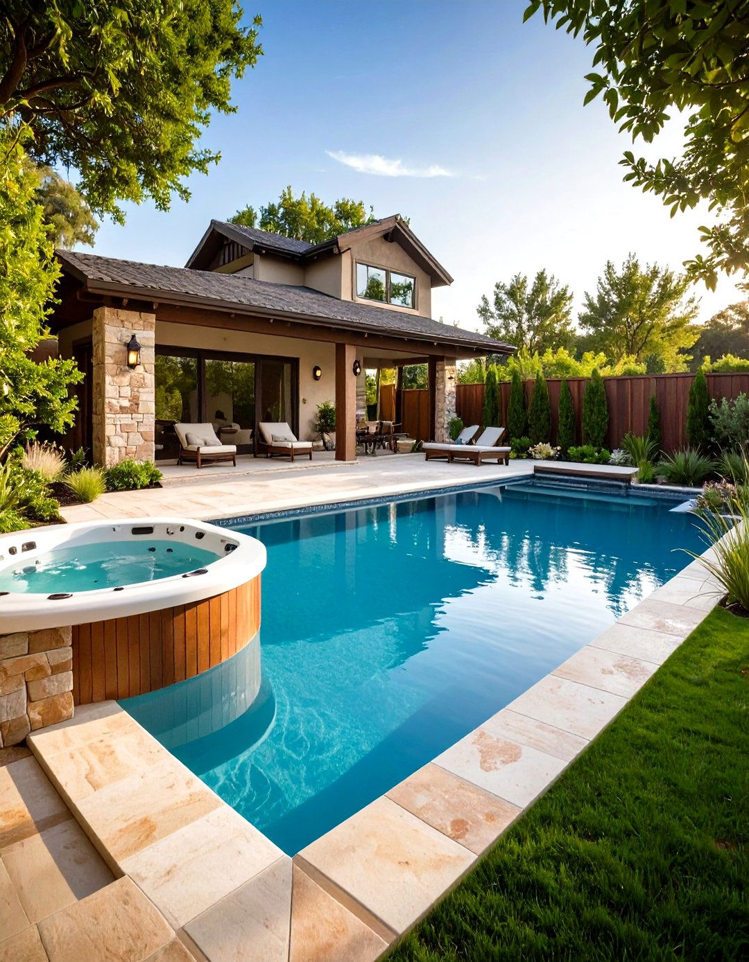 Rectangle Pool with Hot Tub Natural Stone Accent Design - 20 Rectangle Pool With Hot Tub