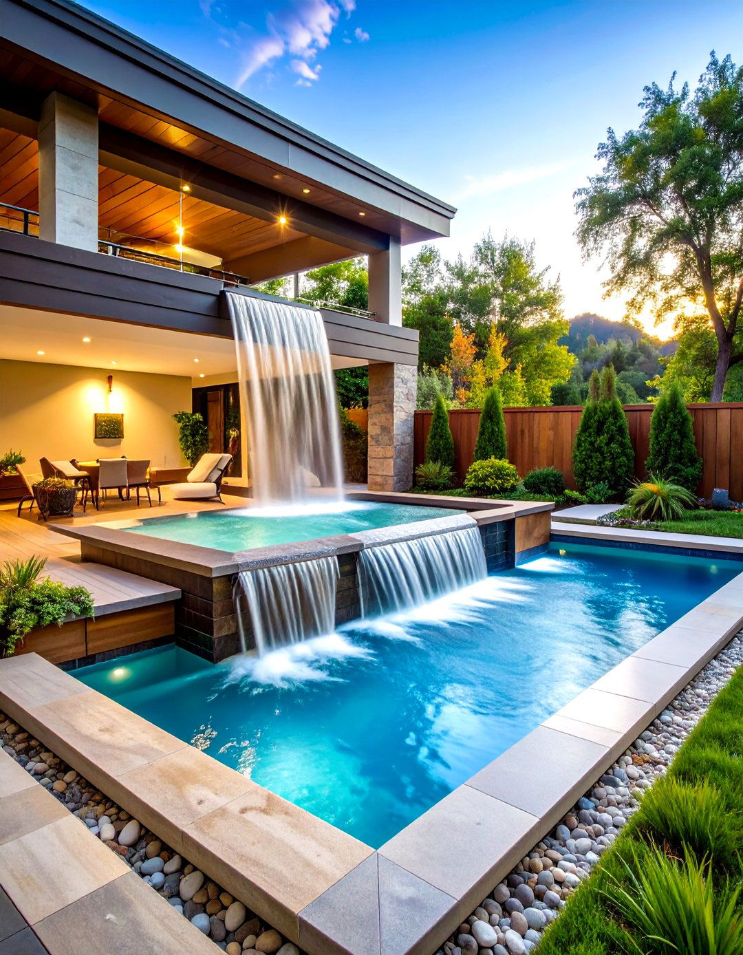 Rectangle Pool with Hot Tub Spillover Waterfall Design - 20 Rectangle Pool With Hot Tub
