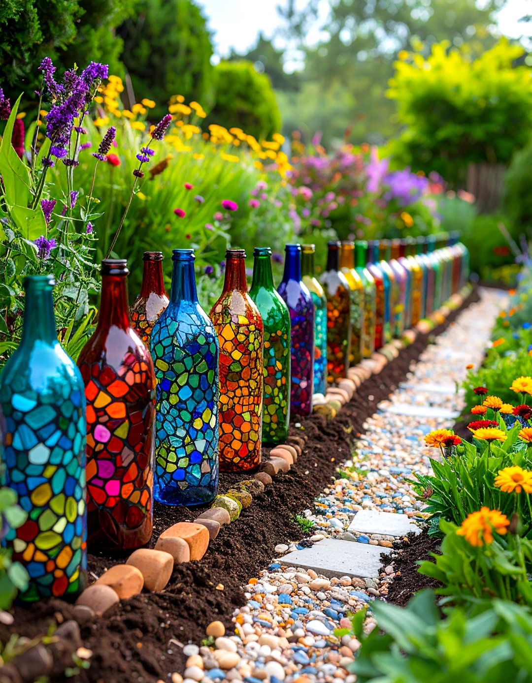 Recycled Bottle Garden Edging for Creative Upcycling - 20 Garden Edging Ideas