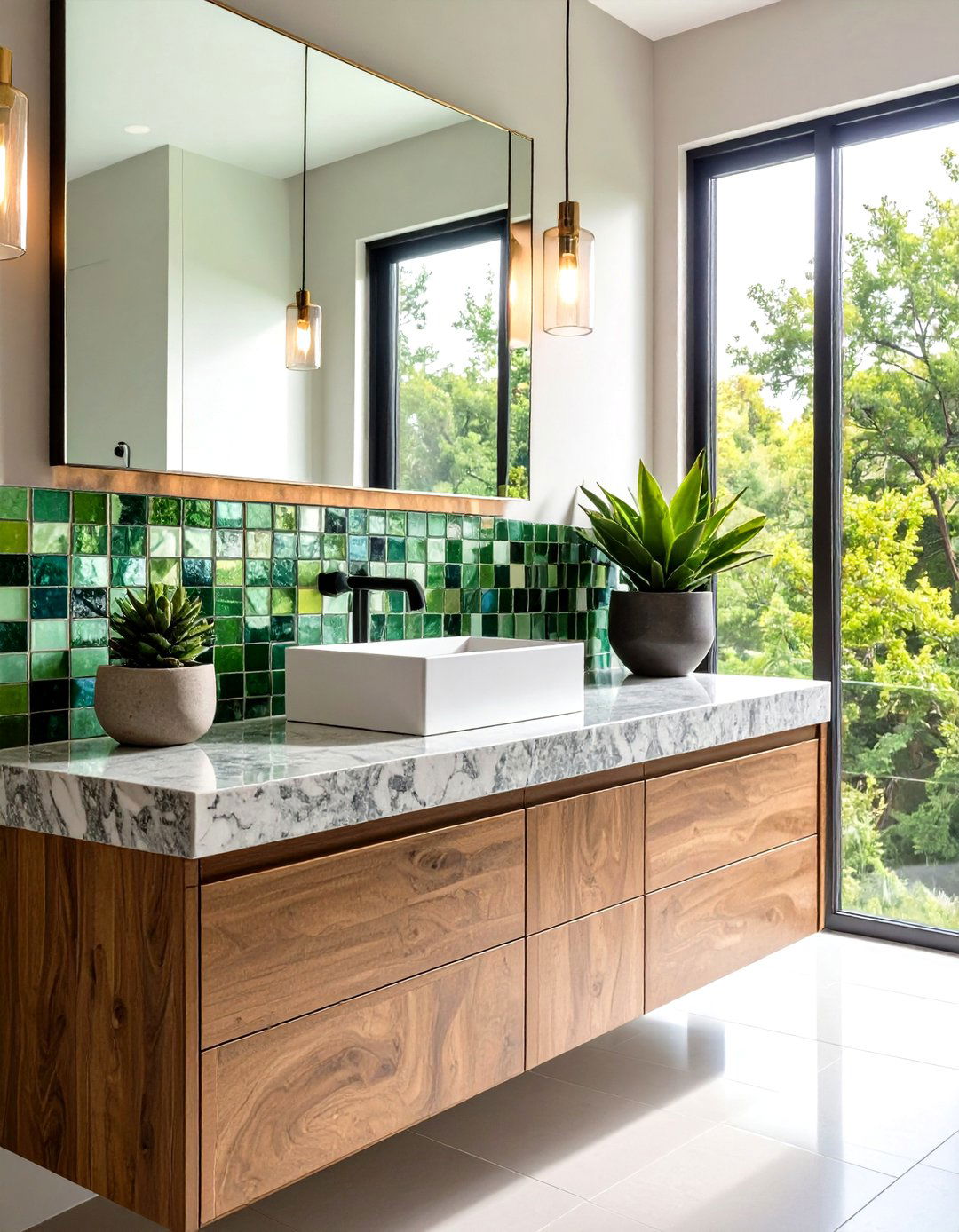 Recycled Glass Accent Strips with Granite Gray Vanity - 20 Green and Grey Bathroom Ideas