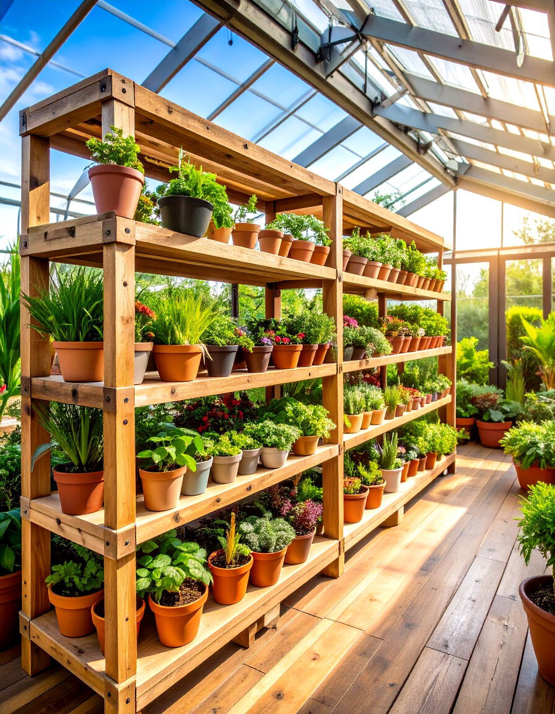 Recycled Pallet Greenhouse Shelving with Rustic Charm - 20 Greenhouse Shelving Ideas