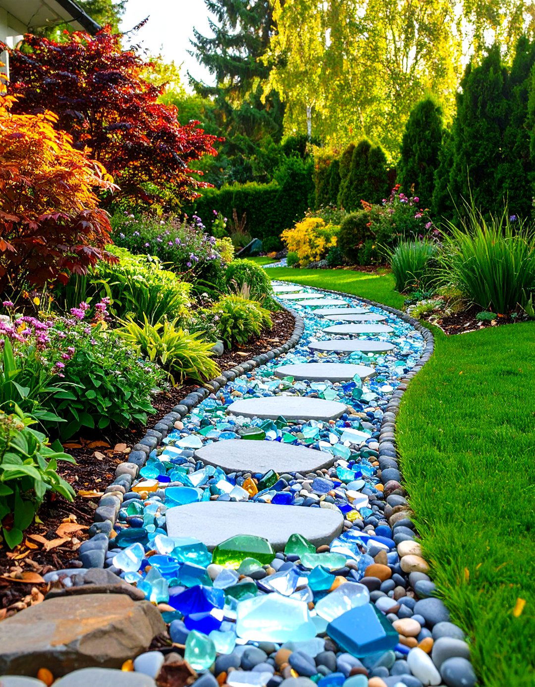 Recycled Tumbled Glass Garden Edging Accent - 20 Recycled Garden Edging Ideas