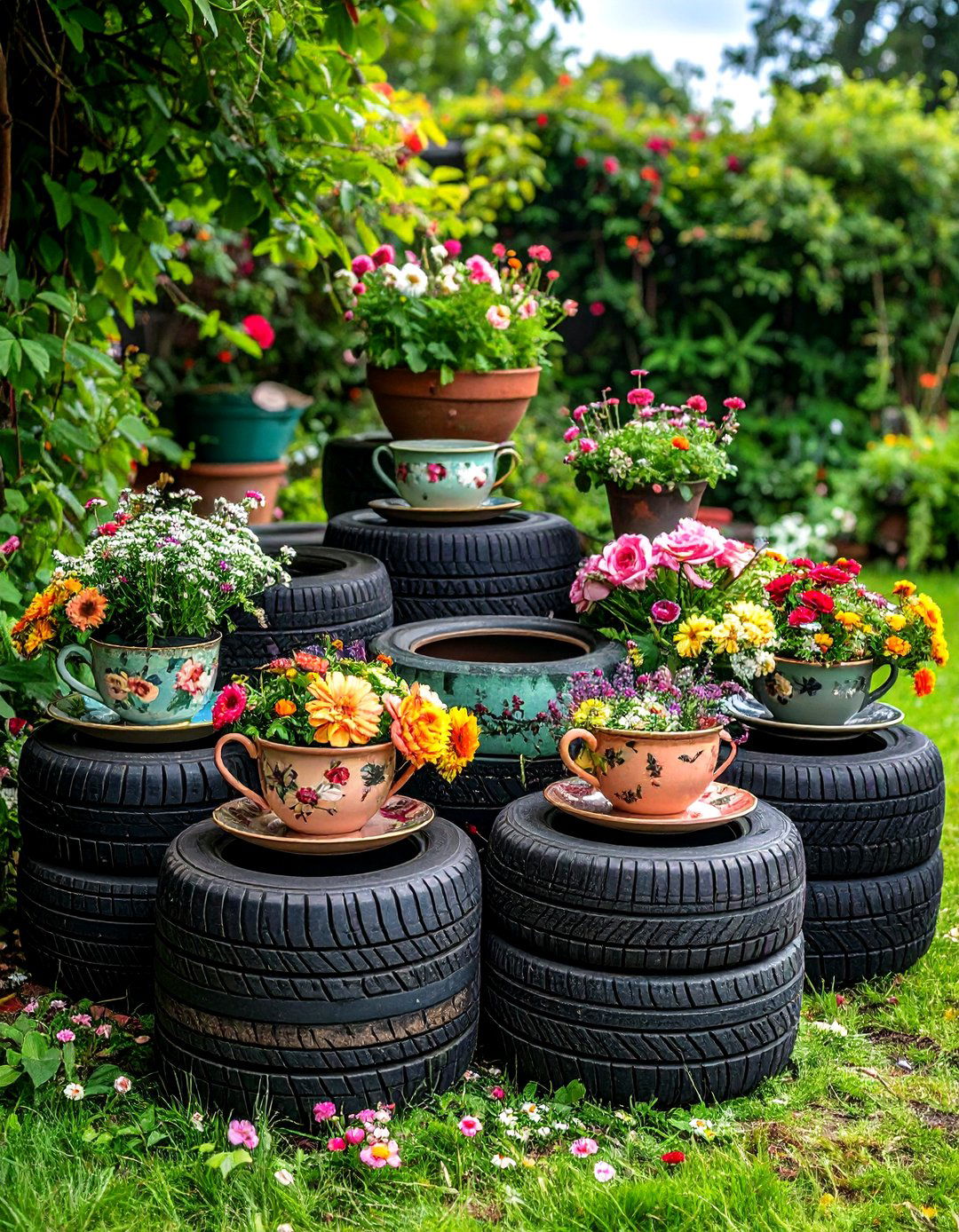 Recycled Tyre Cascading Waterfall Garden - 20 Recycled Tyre Garden Art Ideas