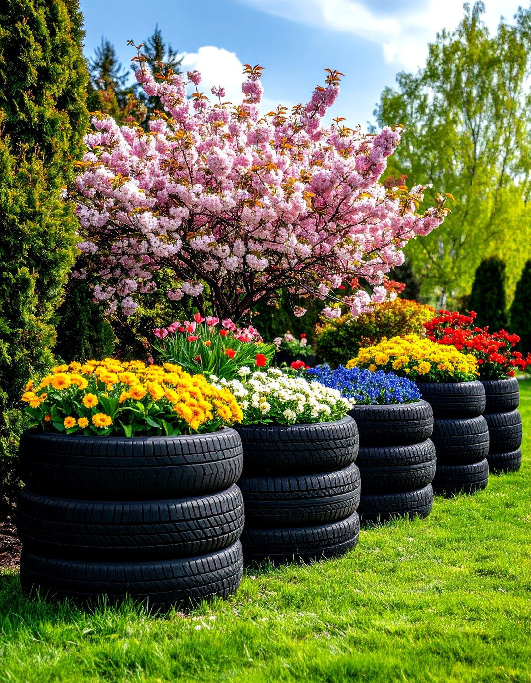 Recycled Tyre Rustic Farmhouse Garden - 20 Recycled Tyre Garden Art Ideas