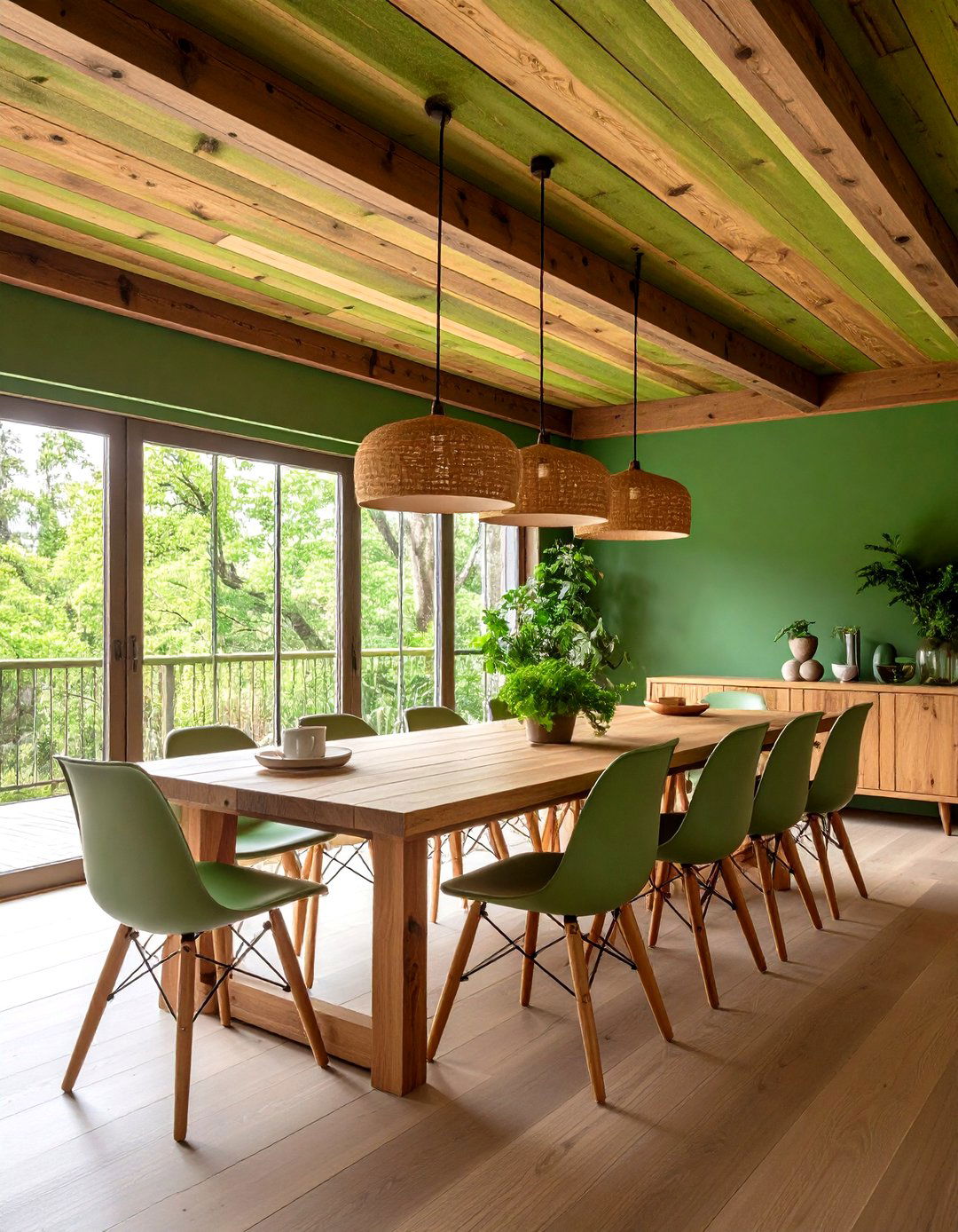 Recycled Wood Plank Ceiling in Moss Finish Embraces Sustainability - 20 Green Ceiling Ideas