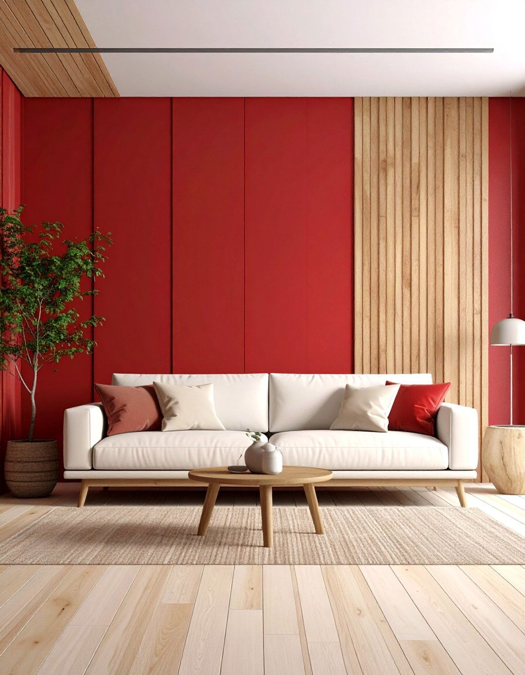 Red Accent Wall with Neutral Sofa - 20 Red Living Room Ideas