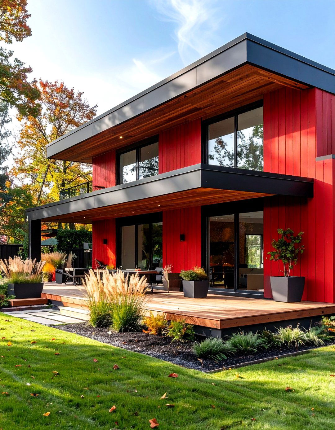 Red Accented Cedar Screen House Exterior for Modern Warmth - 20 Dark Red House Exterior Ideas