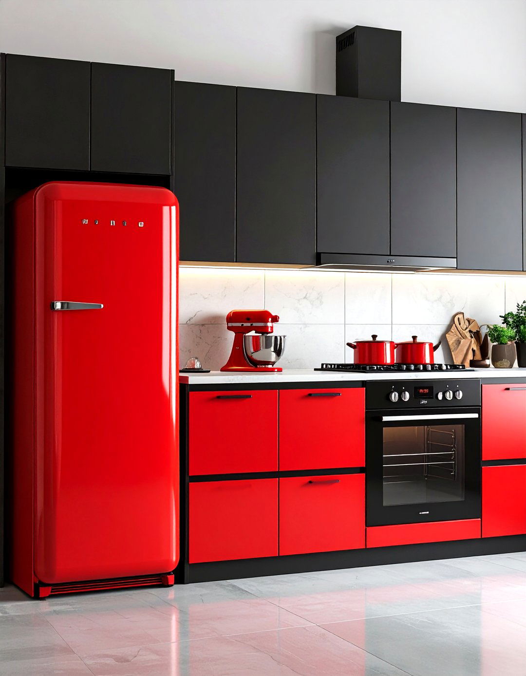 Red Appliances in a Jet Black Kitchen - 20 red and black kitchen ideas