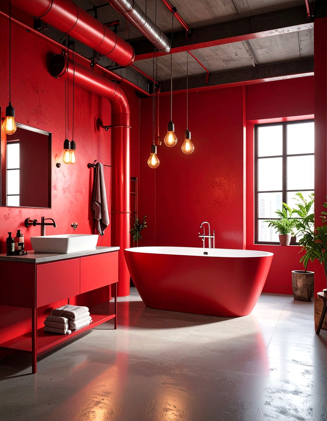 Red Bathroom Industrial Red Metal and Concrete Theme - 20 Red Bathroom Ideas