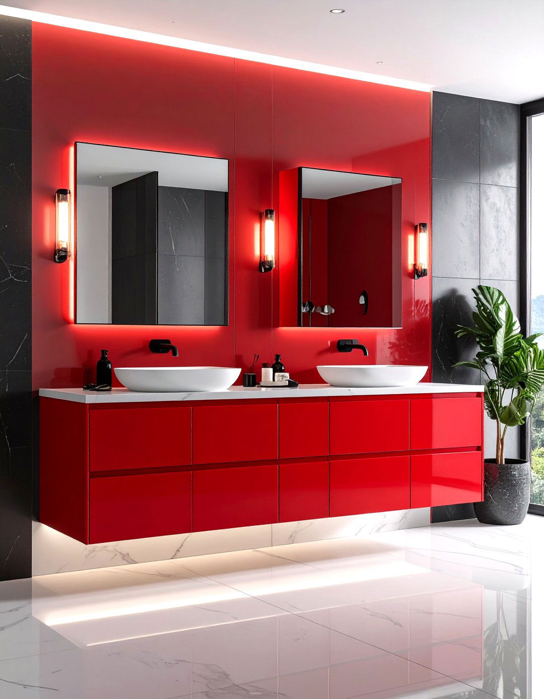 Red Bathroom Modern Minimalist Scarlet Vanity Setup - 20 Red Bathroom Ideas