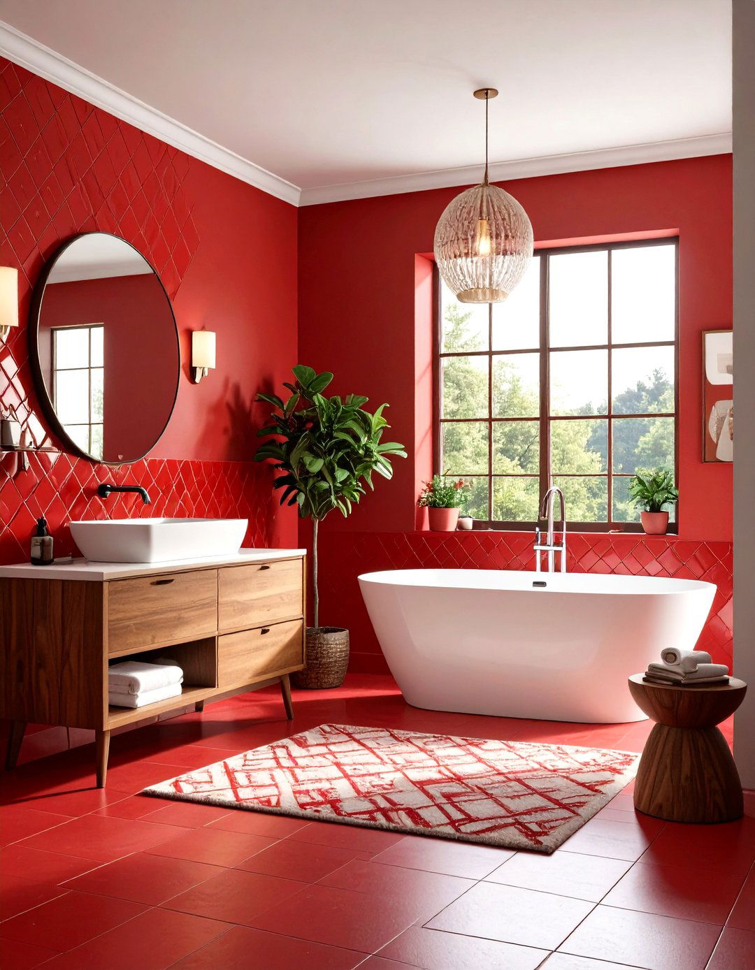 Red Bathroom Retro Red Geometric Pattern Design - 20 Red Bathroom Ideas