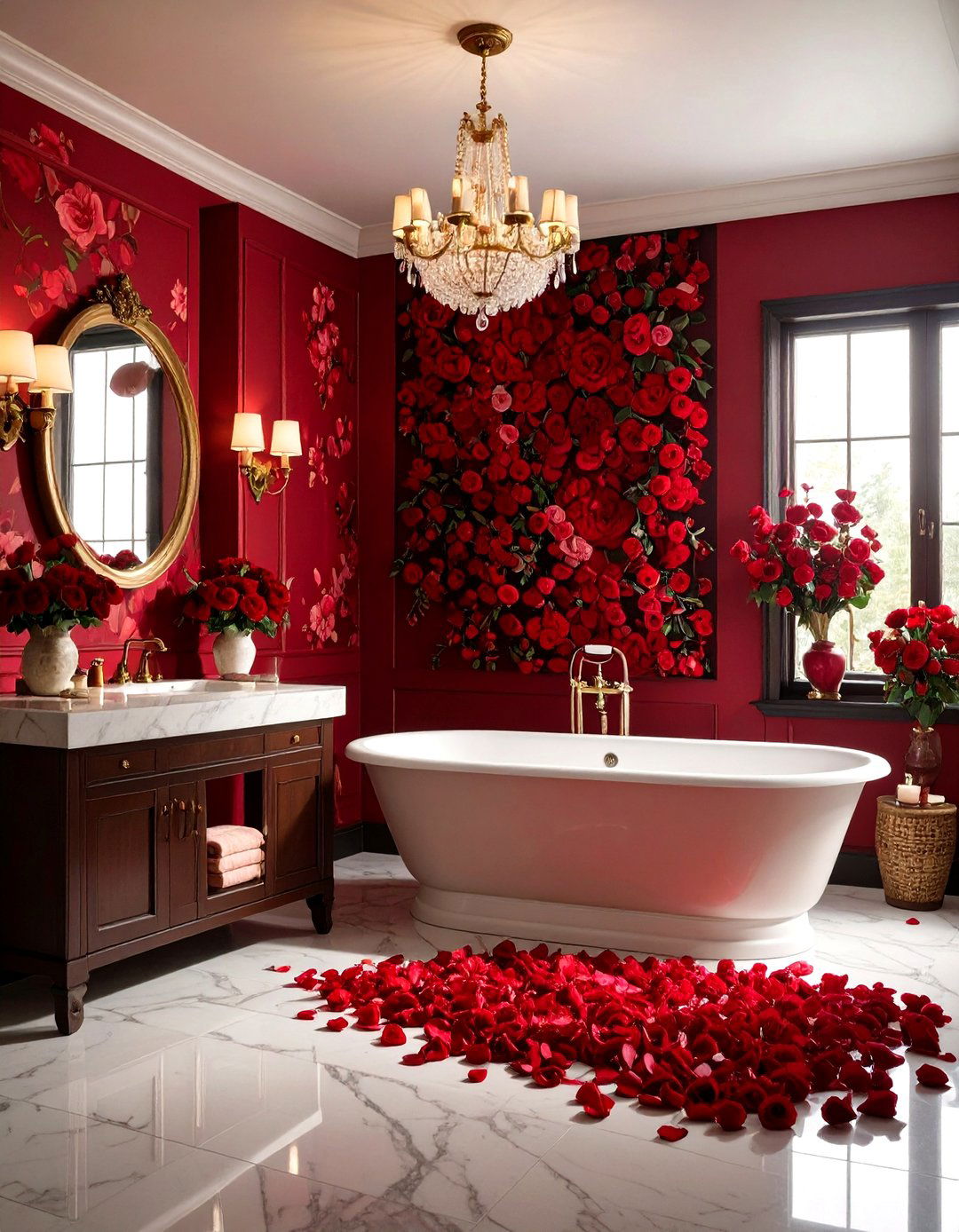 Red Bathroom Romantic Rose Red Floral Wallpaper Design - 20 Red Bathroom Ideas
