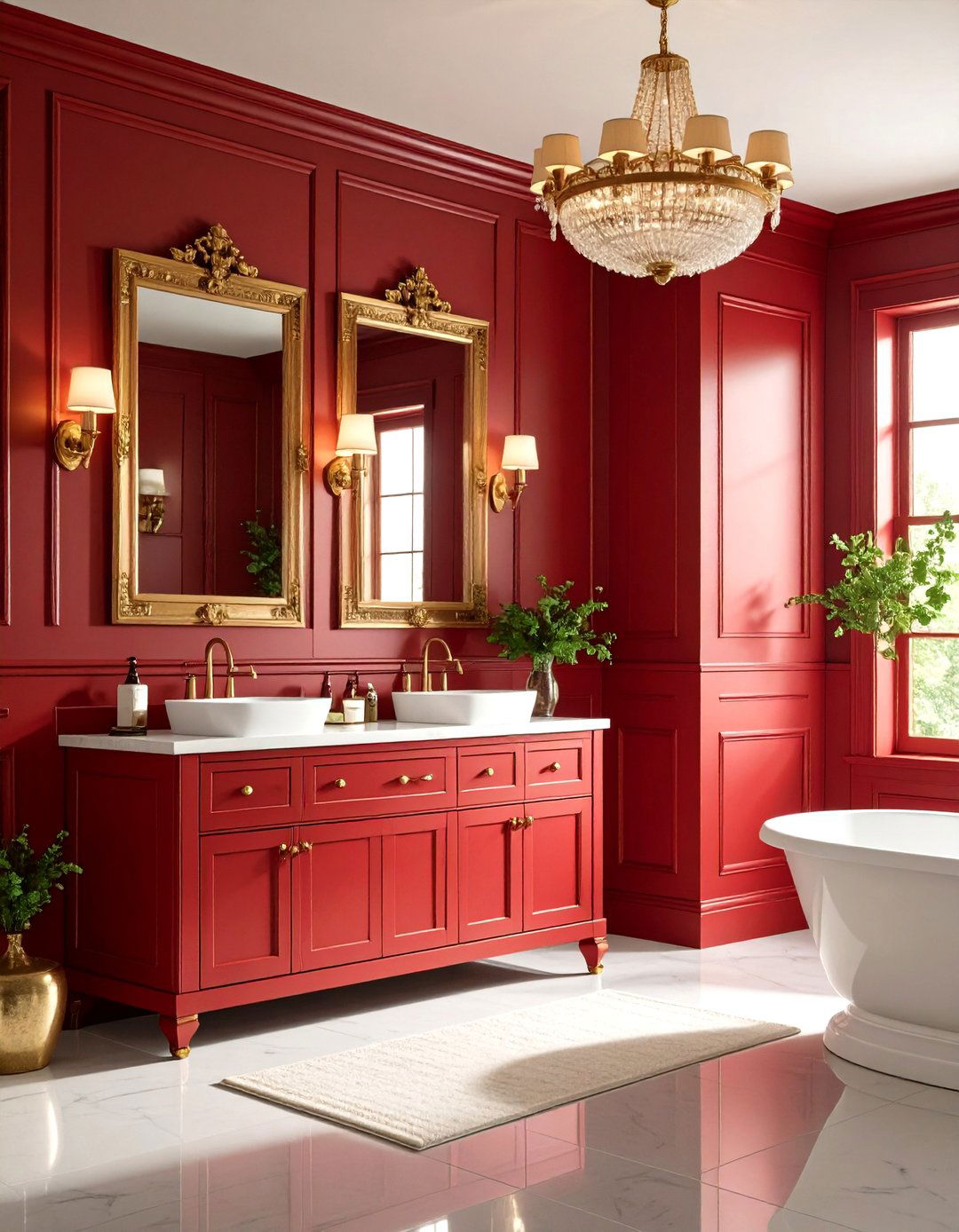 Red Bathroom Traditional Red Paneling with Brass Accents - 20 Red Bathroom Ideas