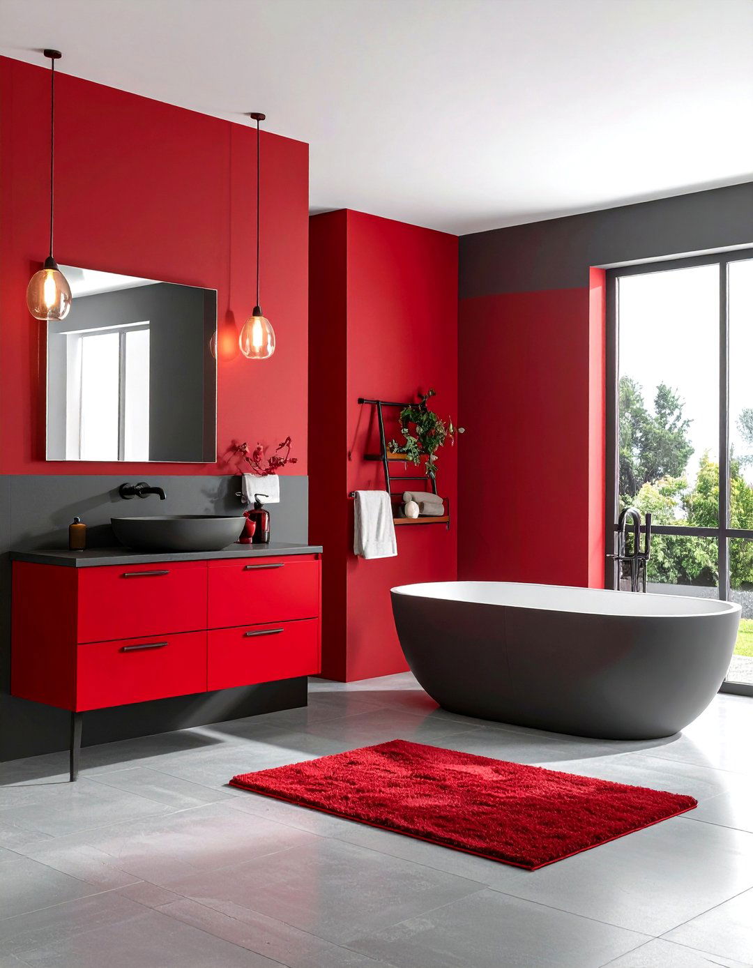 Red Bathroom Transitional Red and Gray Sophisticated Space - 20 Red Bathroom Ideas