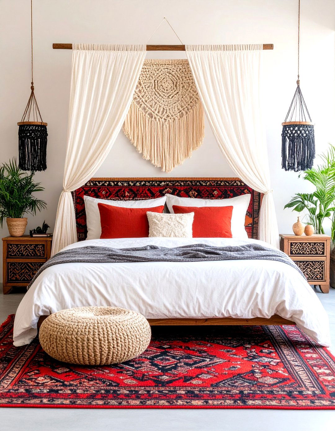 Red Black and White Boho Luxe with Kilim - 20 red black and white bedroom ideas